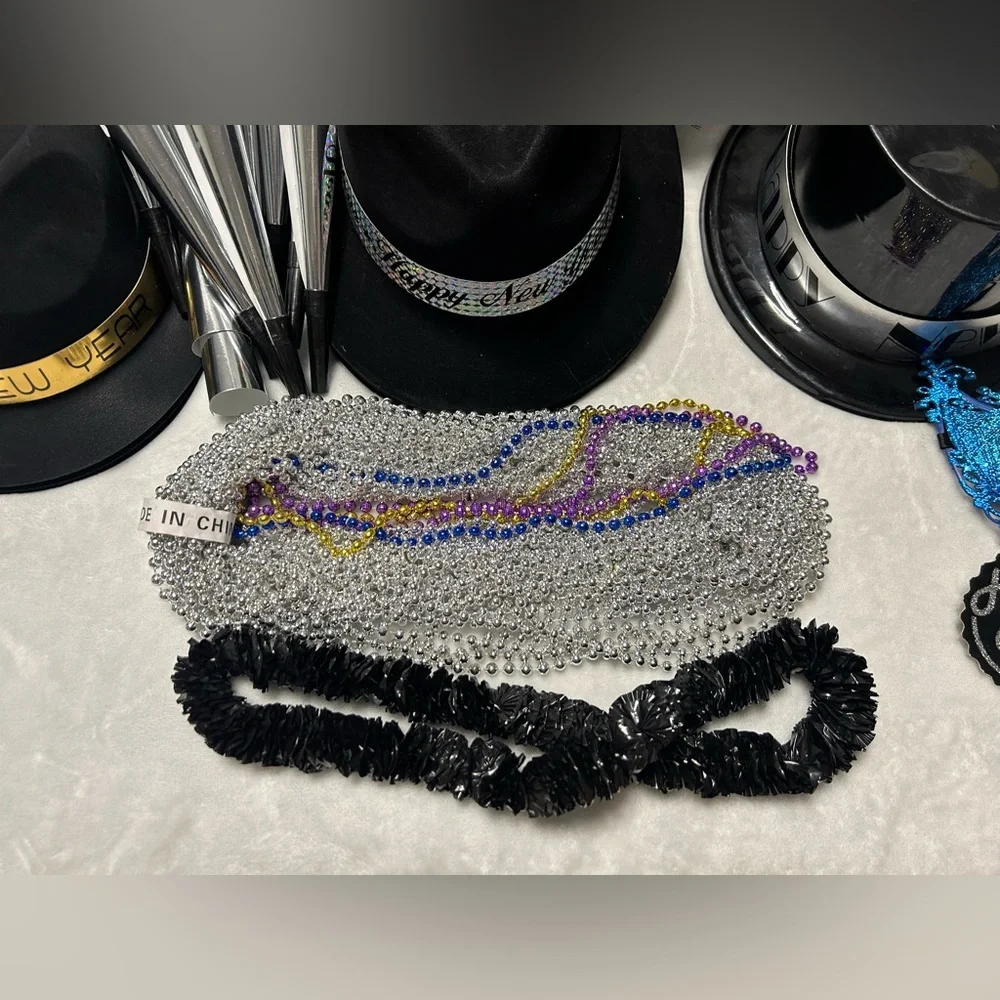 New Years Eve party kit 9 hats 31 necklaces banner mask 12 tiaras 30 horns